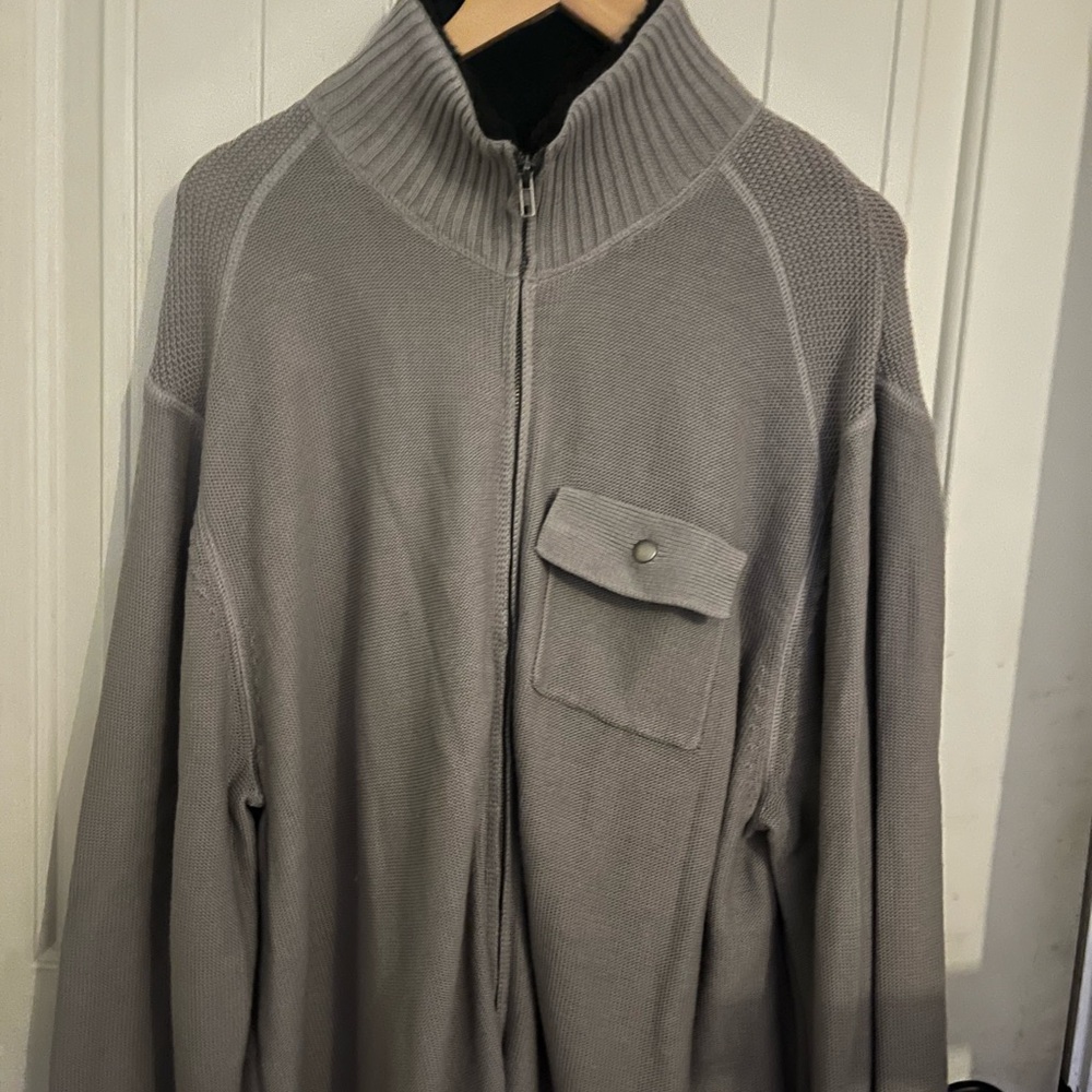 Khaki color Black faux fur cowl neck Zip up Sweater . men’s Warehouse BNWTS!!